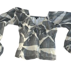 Express Smocked, Cream & Black, Peplum Blouse, Long-sleeve, V-neck, XS